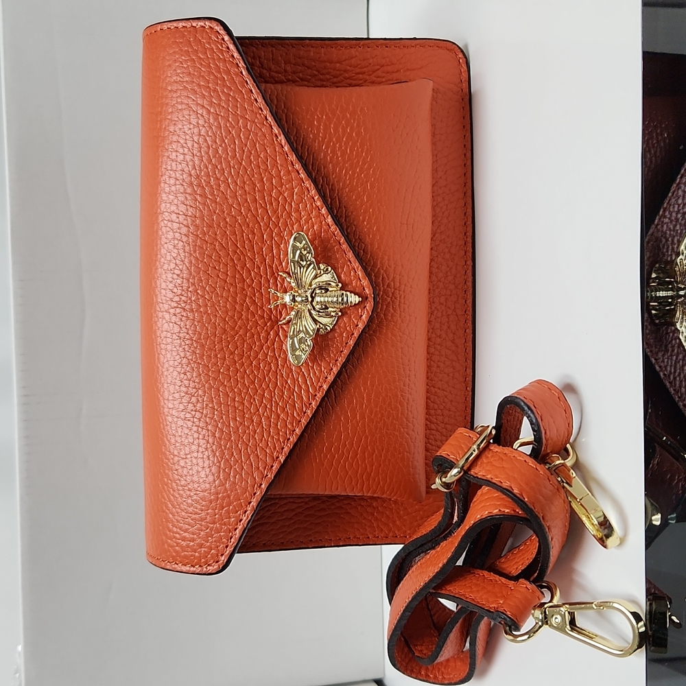 Orange Leather Crossbody Bag with Gold Bee Accent